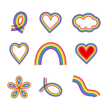 LGBT symbols in rainbow colors. Set stickers of hearts, rainbows, flowers, clouds, ribbons and loopsのイラスト素材
