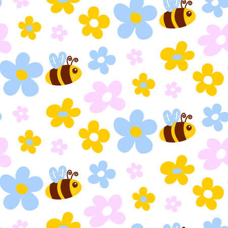 Flying cartoon bees and flowers. Seamless pattern for the design of childrens fabrics, textiles, wallpapers, nursery decorのイラスト素材