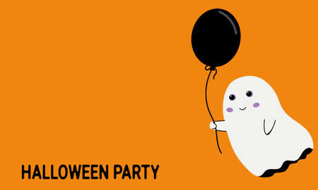 Happy halloween orange banner. Smiling ghost with black balloonのイラスト素材