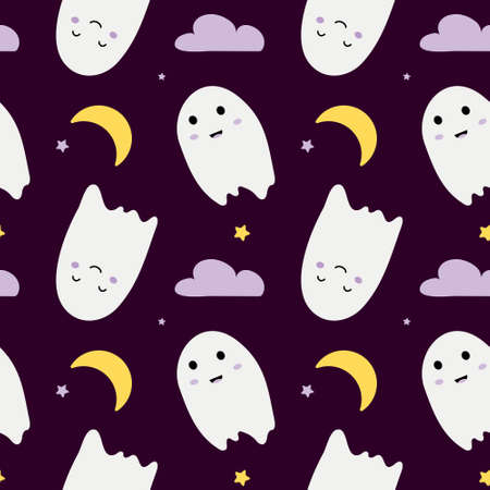 Seamless pattern with cute ghost, moon, cloud and star. Halloween dark spirits backgroundのイラスト素材