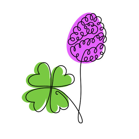 A clover flower and a four-petaled clover leaf drawn in one continuous line. editable line. vector illustrationのイラスト素材