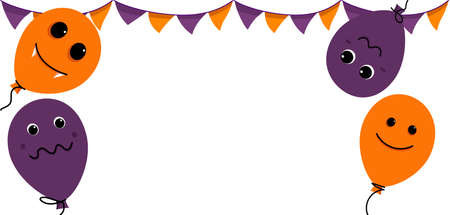 Halloween banner with characters balloons, holiday flags and copy space. Balloons with faces, emotions, smiles, scary fangsのイラスト素材