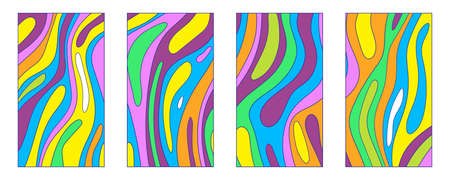Social media psychedelic stories set. Vertical groovy background template in neon colors with psychedelic waves, spots, flowing waves for mobile apps, cards, invitations, banner designのイラスト素材