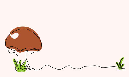 Mushroom and grass drawn in one continuous line. Autumn minimalist line art background with abstract color blots and copy spaceのイラスト素材