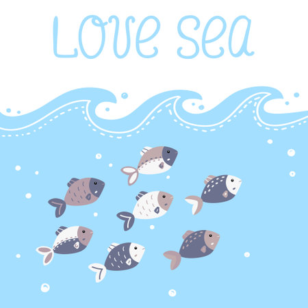 Love sea kids card with hand drawn lettering. Cute fish under the sea waves. Vector illustrationのイラスト素材