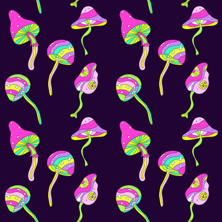 Psychedelic mushroom seamless pattern. Neon mushroomsのイラスト素材