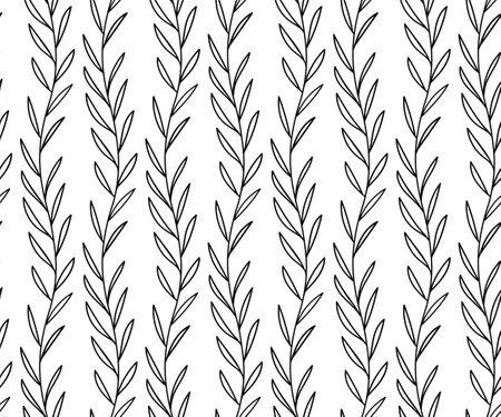 Outline sharp leaves on stems. Seamless black and white hand drawn pattern. Seamless plants leaves. Botanical simple backgroundのイラスト素材