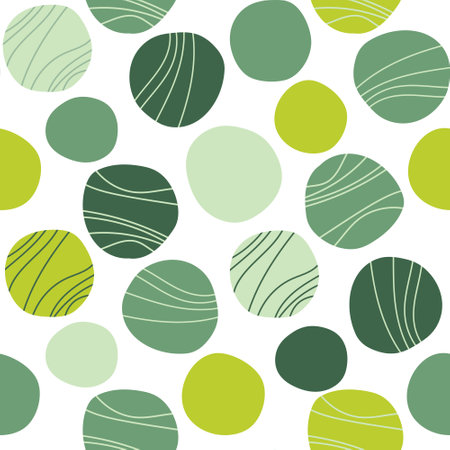 Doodle circles with wavy lines. Abstract green seamless pattern for textiles, wrapping paper, fabrics, backgrounds, postcards, postersのイラスト素材