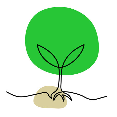Growing young tree line art. One continuous line with abstract color shapes. Environmental protection concept, Earth day iconのイラスト素材