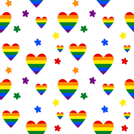 Rainbow LGBT hearts and colorful flowers in a seamless patternのイラスト素材