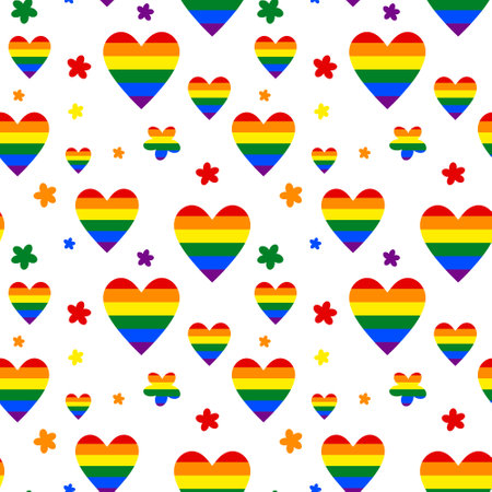 Rainbow striped hearts and colorful flowers. Seamless pattern for LGBT Pride Monthのイラスト素材