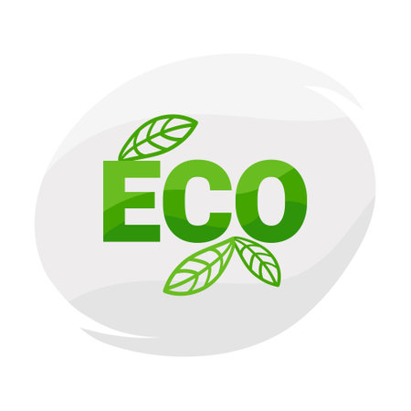 Eco logo with leaf. Text Eco on the gray background of an abstract shape and a green leafのイラスト素材