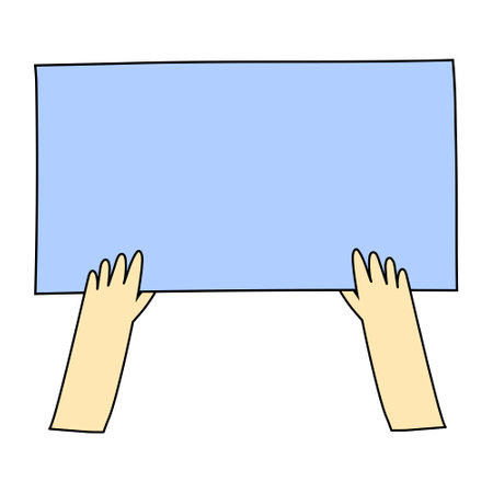 Hands holding a sheet of paper or poster. Doodle simple illustrationのイラスト素材