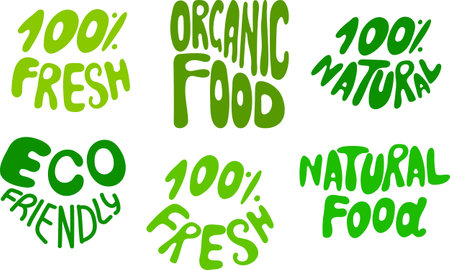 Organic food, 100 percent natural, natural food, 100 fresh, eco friendly hand drawn lettering. Set of lettering for labels, banners, eco-market stickers.のイラスト素材
