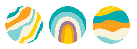 Set of sea summer round backgrounds for social media story. Sea sandy shore, waves, rainbow. Abstract summer template highlights stories. vector illustrationのイラスト素材