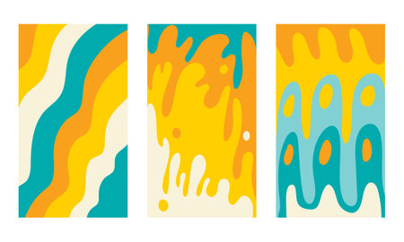 Set of vertical stories social media. Summer background. Retro sunny wavy striped bright pattern. Abstract groovy shapes and lines. Wavesのイラスト素材