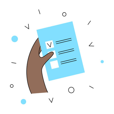 Filling out a questionnaire, voting in elections, a to-do list. A hand holds a document with a check mark. simple thin line flat illustrationのイラスト素材