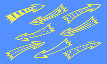Set of arrow doodle. Yellow hand drawn arrows on blue backgroundのイラスト素材
