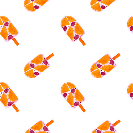 Orange and berry ice cream seamless pattern. Fruit pieces and whole berries. Vector illustrationのイラスト素材