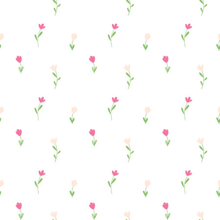 Hand drawn simple floral seamless pattern. Pastel colors tulips on a transparent background. Delicate infantile naive styleのイラスト素材