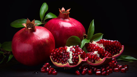Juicy pomegranate fruit on a black background. Whole and open parts of the pomegranate, grains in the foreground. AI generatedの素材
