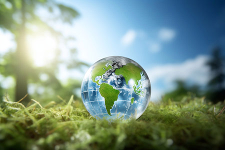 Crystal transparent planet Earth with green continents on moss in the rays of the rising sun, The concept of environmental protection, Decarbonization. AI generatedの素材