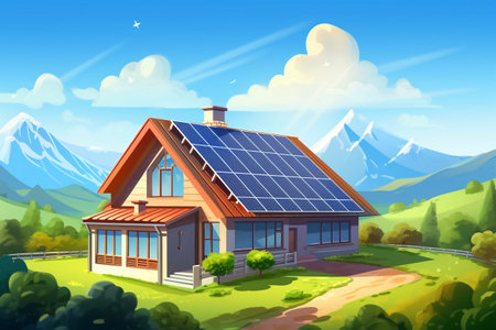 House in a quiet countryside with solar panels on the roof. Mountain landscape in the background. The concept of safe energy, solar energy. AI generatedの素材