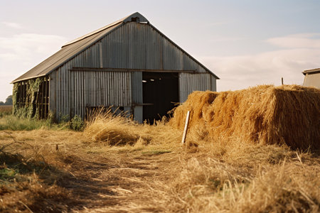 Haystack in front of an old wooden barn in the countryside under the rays of the setting sun. AI generatedの素材