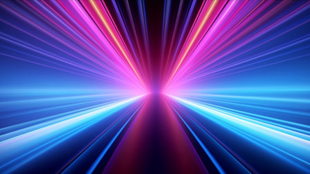 Neon 3D background with blue and pink rays radiating from the center. Abstract futuristic background. AI generated.の素材