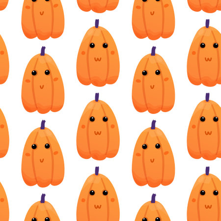 Funny pumpkins with faces in a seamless pattern. Background for packaging, paper, kitchen fabricsのイラスト素材