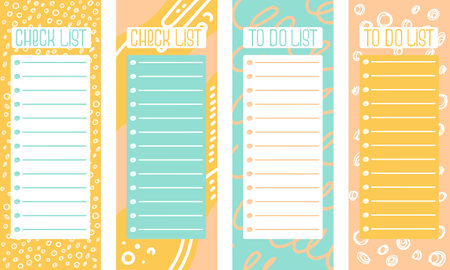 Templates for to do and check lists in pastel colors. Abstract background for planner in doodle style and hand drawn letteringのイラスト素材