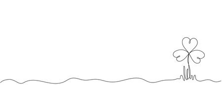 Clover leaf for St. Patricks Day. Long banner with one continuous line drawn background with soil, grass and trefoil leaf.のイラスト素材