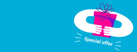 Hands holding a gift. Stylized modern hands in simple minimal sales banner - Special offerのイラスト素材