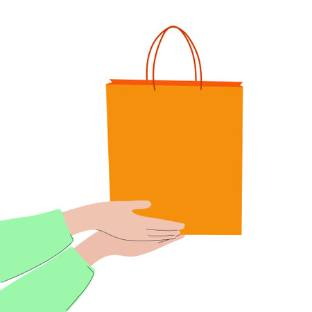 Hands holding out a shopping bag on their palms. Minimalist sale illustrationのイラスト素材