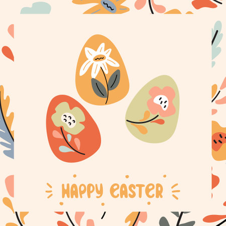 Happy Easter greeting card, poster, cover. Floral eggs and floral frame. Doodle design with hand drawn letteringのイラスト素材