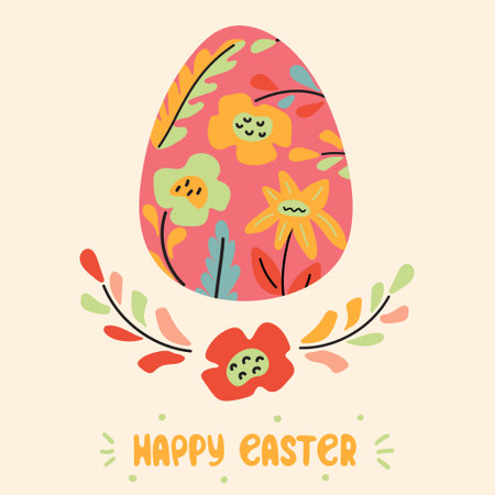 Happy Easter holiday card, template social media post. Floral Easter egg, doodle flowers and hand drawn letteringのイラスト素材