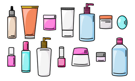 Cosmetic beauty products in bottles. Icon set. Face and body care, cream, lotion, shower gel, soap.のイラスト素材