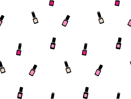 Silhouettes of bottles with nail polish. Seamless pattern for beauty salons and cosmetics stores. Black icons with colored insertsのイラスト素材