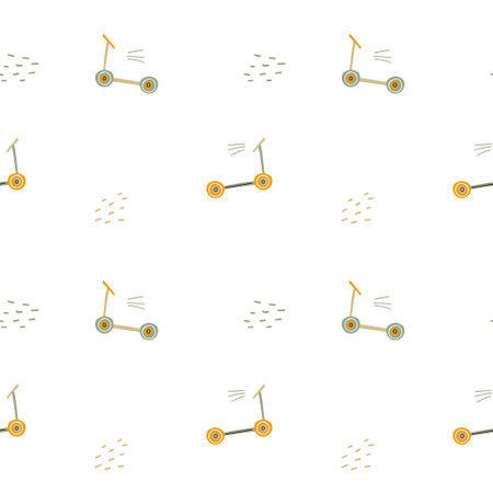 Doodle scooters. Simple cute seamless pattern in pastel colors for textiles and fabrics, wallpaper, wrapping paper for kids and babiesのイラスト素材