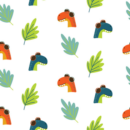 Dino in sunglasses. Summer tropical seamless pattern with leaves and dinosaurs. Print for childrens textiles, fabric, clothing, wallpaper, paper, backpacksのイラスト素材