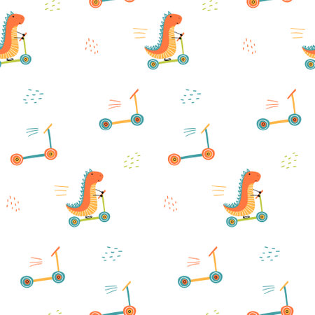 Dino on a scooter. Funny dinosaur seamless pattern for textiles and fabrics, wallpaper, wrapping paper for kids and babiesのイラスト素材