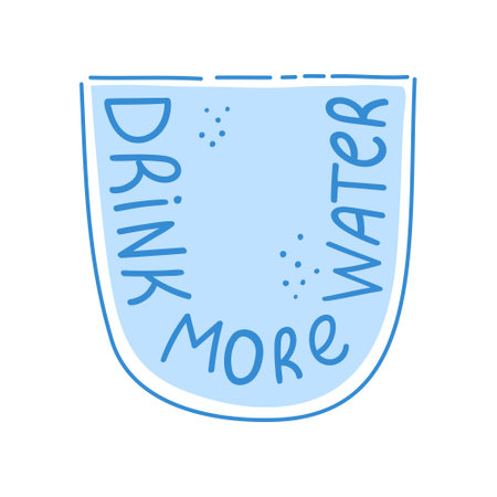 Glass of water and hand-drawn text on the walls and bottom. Drink more water. Health concept iconのイラスト素材