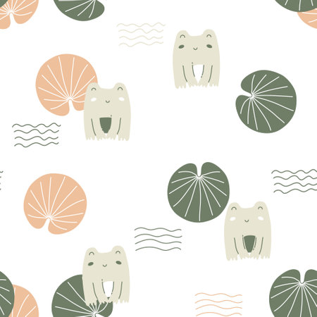 Kawaii frog and lotus leaves. Seamless pattern for kids prints, clothes, textiles, fabric. Cute animal character in pastel colorsのイラスト素材