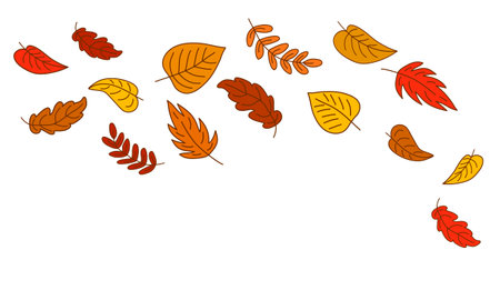 Autumn colored leaves in doodle style are falling. Leaves are swirling in the wind. Falling leaf on white background. Fall natureのイラスト素材