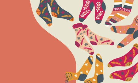 Multicolored pairs of socks with different winter Christmas patterns. Banner with empty space for text. Background for sock stores, clothes, for National Sock Dayのイラスト素材