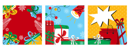 Festive winter square templates set with gift boxes, ornaments, snowflakes, and decorative elements....