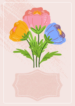 Floral card featuring a bouquet of pink, yellow, and blue flowers with green leaves on a textured background with decorative label for personal textのイラスト素材