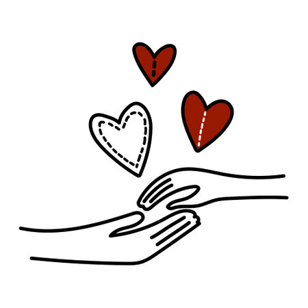 Doodle illustration hands lovers and hearts. For use in Valentine Day card, romantic invitation, relationship-themed design, or social media posts expressing love and care. Vector illustrationのイラスト素材
