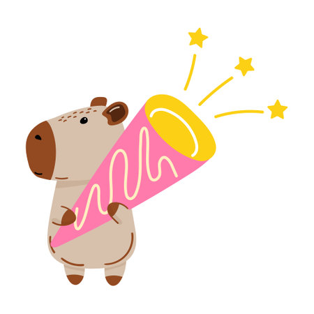 Cute capybara holding party popper. For celebration-themed designs, birthday cards, festive invitations, social media posts, or playful decoration projects. Vector illustrationのイラスト素材