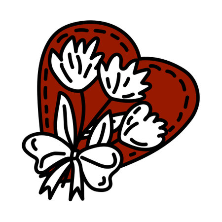 Doodle heart with flowers and bow is perfect for Valentine Day cards, romantic invitations, stickers, gift tags. Vector illustrationのイラスト素材